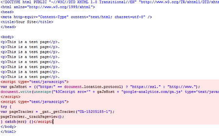 Google Analytics tracking code placed within HTML on webpage