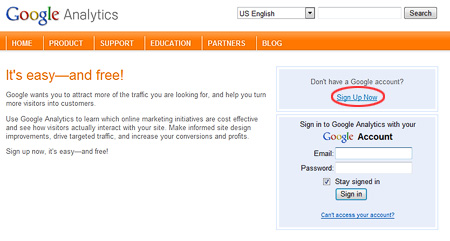 The Google Analytics sign-up page