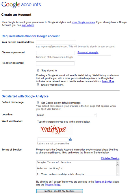 The Google Account signup page